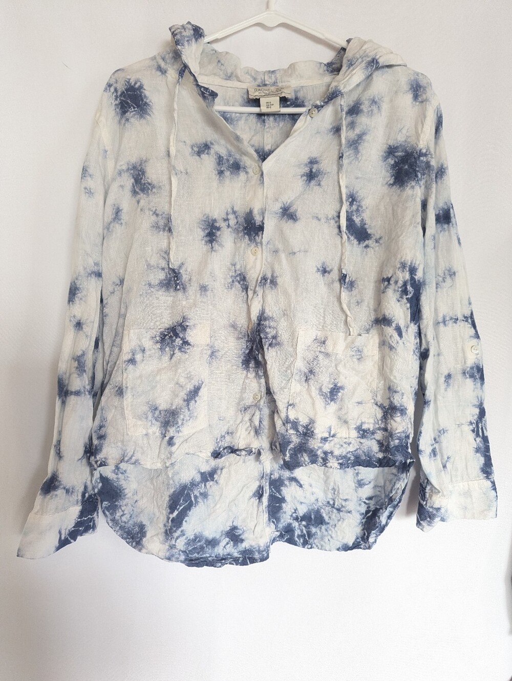Women’s Small Rachel Zoe Tie-Dye Hooded Button-Up Shirt Top Blue White Linen
